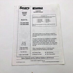 Sears Kenmore Parts List Canister Vacuum Cleaner & Manual for Power-Mate Jr